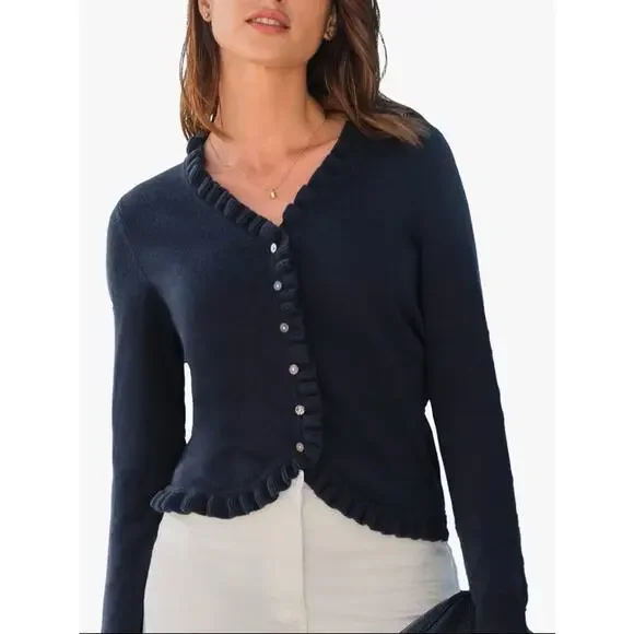Pure Collection Ruffle Pure Cashmere Cardigan - Navy - Size 6 - Picture 3 of 8
